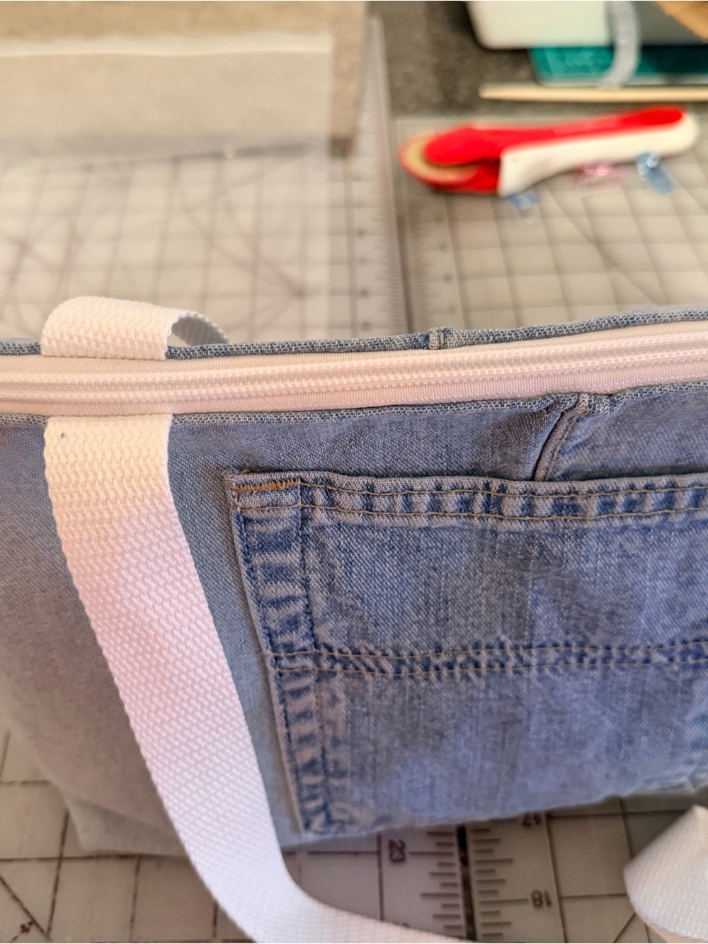 Denim Zipper Tote with White Strap